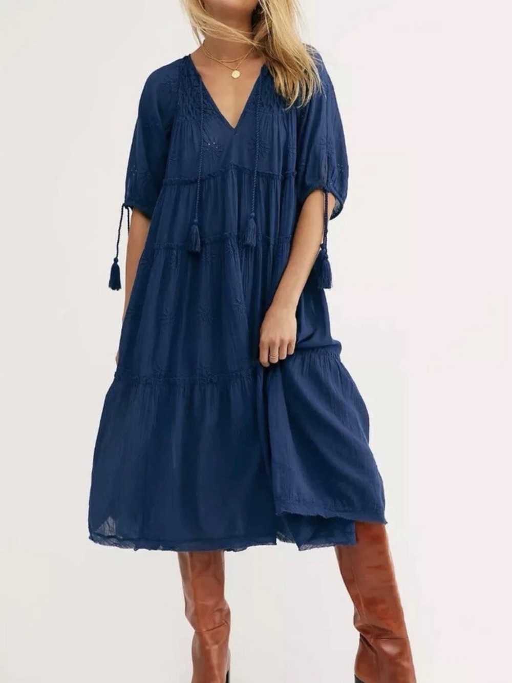 Free People Celestial Skies Midi Dress, Blue, EUC, Sz L, Oversized